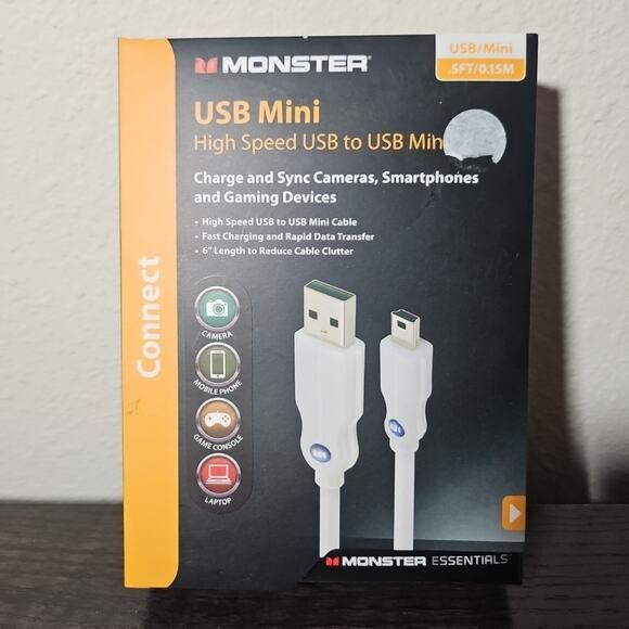 2 Monster USB to USB Mini Cable White Fast Charging 6 inches / .5 Ft - Picture 2 of 6